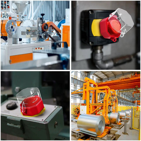 8 Pack Emergency Stop Button Kit With See Through Switch Covers installed on industrial control panel and machinery.