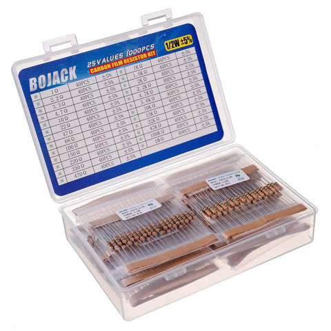 Rock Solid Carbon Film Resistor Assortment Kit Packing 1000 Pieces In 25 Key Ranges From 1 Ohm Up To 1 Mega Ohm With Half Watt Capacity And 5 Percent Precision For Easy Maker Hustle And Quick Fixes in clear plastic case.