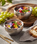Heavy Duty Double Insulated Stainless Steel Mixing Bowls 12 Piece Bulk Set 24 Oz with fresh fruits and yogurt on wooden serving tray.