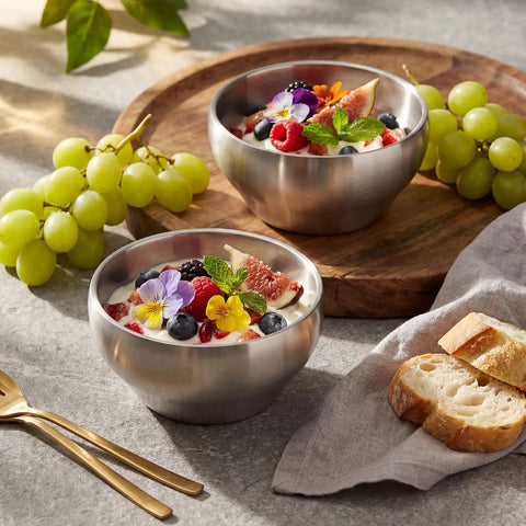 Heavy Duty Double Insulated Stainless Steel Mixing Bowls 12 Piece Bulk Set 24 Oz with fresh fruits and yogurt on wooden serving tray.