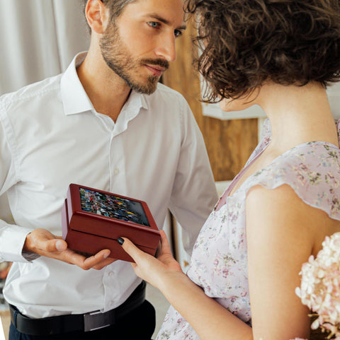 Premium Maple Wood Jewelry Box Featuring A Straight Up Killer Dhaka Rickshaw Street Scene On A Shiny Ceramic Tile Plus Extra Soft Velvet Lining For Your Big Time Treasures, being presented.