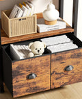 Badass Heavy Duty Five Tier Bookshelf With Deep Storage Drawers, Tall Industrial Wood Metal Display Rack, Rustic Brown Finish showing storage drawers with toys and books.