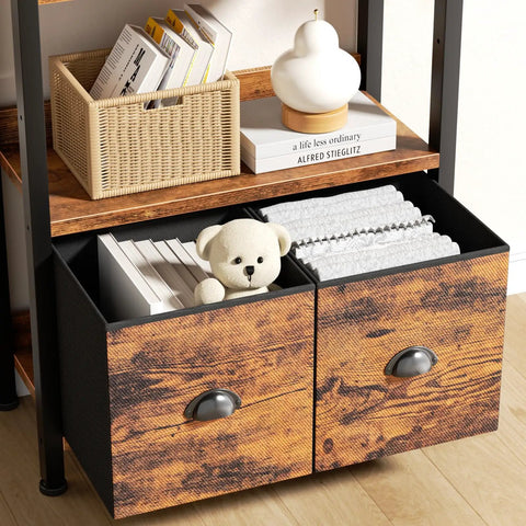 Badass Heavy Duty Five Tier Bookshelf With Deep Storage Drawers, Tall Industrial Wood Metal Display Rack, Rustic Brown Finish showing storage drawers with toys and books.