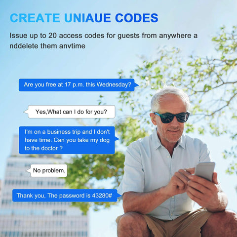 Older man outdoors texting on smartphone, creating unique codes for Latchbolt Electronic Door Lock With Keypad And Handle Keyless Entry For Metal Doors Easy To Install High Security Aluminum Alloy Lock For Home And Office Anti Collision And Tamper Resistant Design.