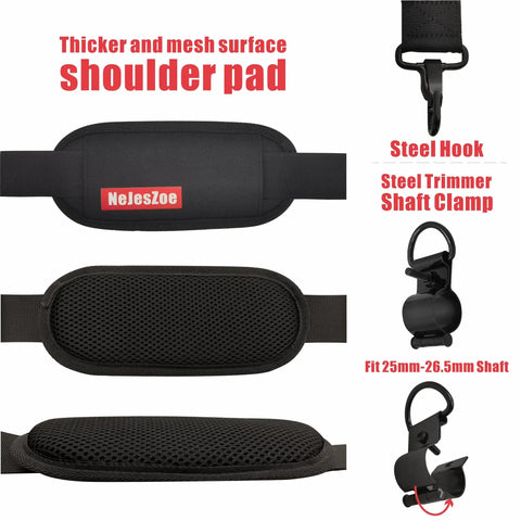 Universal Trimmer Shoulder Strap Harness For Weed Whackers And Leaf Blowers, showing thick mesh shoulder pad and steel hook.