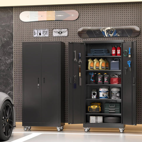 Shop Ready Slick Rolling Metal Garage Storage Cabinet Featuring Lockable Double Pegboard Doors And Five Spacious Adjustable Shelves Plus Heavy Duty Workshop Tool Organizer Rack