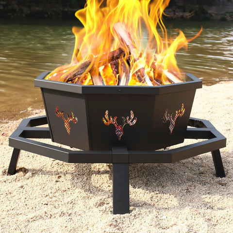 35 Inch Octagonal Outdoor Fire Pit Smokeless Wood Burning Fire Pit For Backyard Patio Camping Garden And Porch Black Outdoor Setup