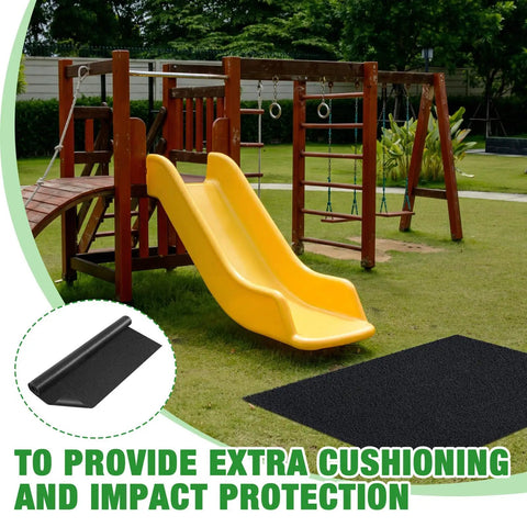 Playground with yellow slide and Heavy Duty Playground Rubber Mat 48 By 48 Inches Non Slip Outdoor Safety Pad in foreground.
