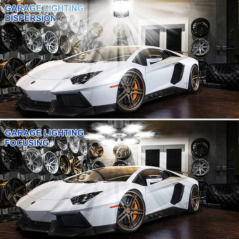 Eight Pack 220W Deformable LED Garage Lights illuminating luxury car in showroom with ceiling installation for workshop use.