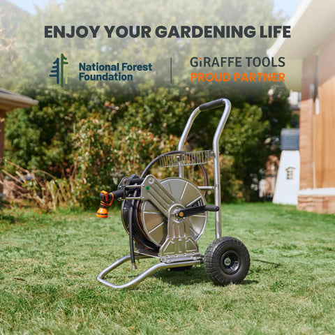 Garden Hose Reel Cart With Wheels Stainless Steel Heavy Duty Hose Storage Carrier For Outdoor Use 200 Feet Of One Half Inch Capacity Mobile Water Hose Reel Cart shown in garden setting
