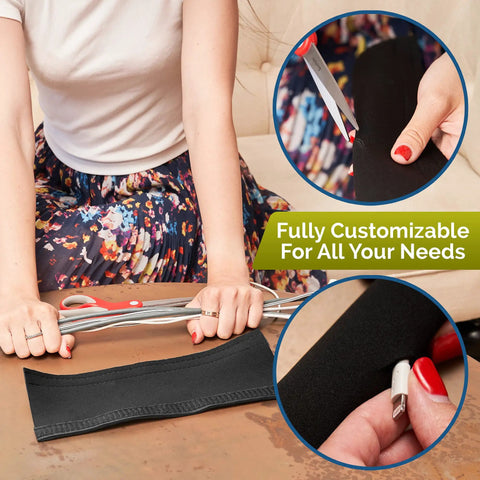 Woman cutting neoprene Baby Proof Cable Covers For Wires And Cables, Flexible Cut-To-Fit Neoprene Sleeves for cord management