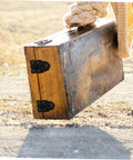 Person carrying wooden box with Spring Toggle Latch For Wooden Boxes With Retro Duckbill Hasp Lock Hardware Kit, secure closure visible.
