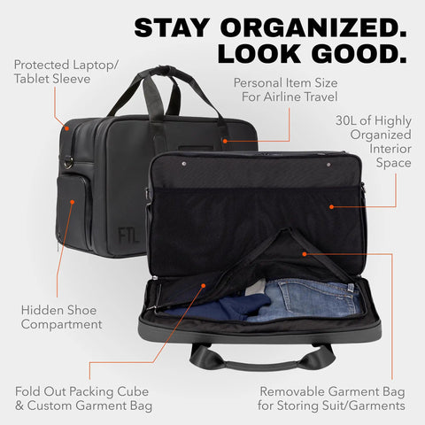 30L Hybrid Weekender Duffel With Garment Bag Shoe Compartment And 18 Inch Laptop Sleeve for organized travel