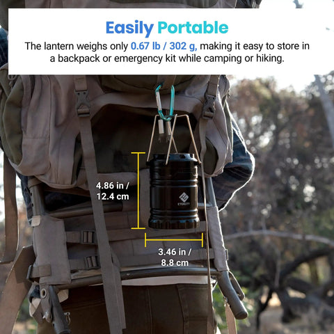 Four Pack LED Camping Lanterns For Power Outages And Emergencies, Battery Operated, shown clipped to a backpack outdoors
