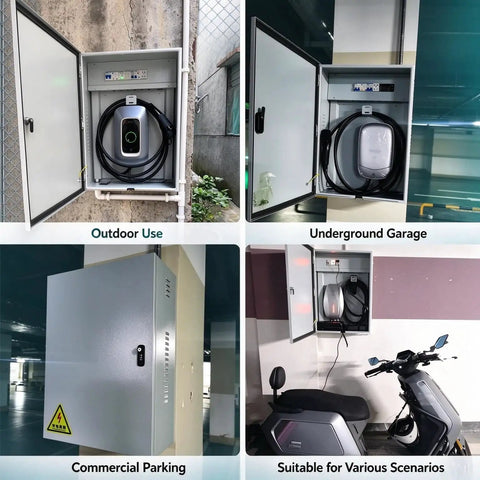 Heavy Duty Wall Mount EV Charger Enclosure Built Tough As Nails For All Season Exterior Use Featuring Rust Proof Steel Shell And Digital Combo Lock For Rock Solid Outdoor Security in outdoor and underground settings.