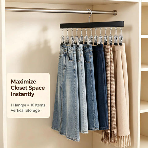 Slick Vertical Closet Organizer With Ten Heavy Duty Pant Clips For No Fuss Dorm And Apartment Storage game changing hanging setup with pants.