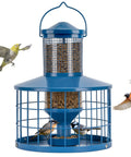 Metal Squirrel-Proof Bird Feeder With 2.8 Lb Seed Capacity, Cage Tube Seed Feeder With Tray, Blue design with birds feeding.