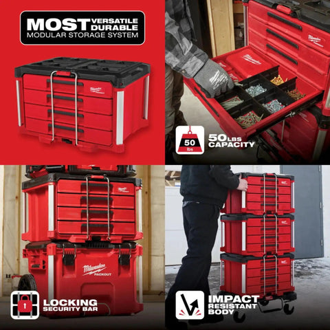 Four Drawer Tool Organizer Box Featuring Lockable Security Bar And Fifty Pound Boss Level Load Capacity Impact Resistant Rugged Frame With Smooth Glide Compartments