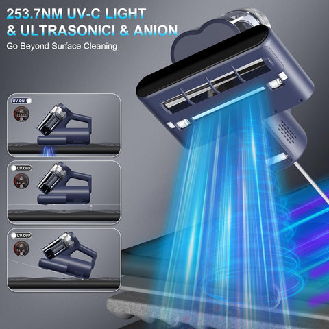 Mattress Vacuum Cleaner With UV C Light And Ultrasonic Tech Hyper Helix Motor Delivers Beast Mode Suction shown in action