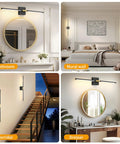 30 Inch Battery Powered Wall Sconces Set Of Two With Remote Dimmable LED Lighting In Black And Brushed Gold Finish shown in various rooms.
