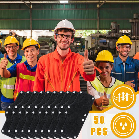 Bulk 50 Pack Hard Hat Sweatband Liners Cotton Washable Reusable Helmet Sweat Bands For Construction Workers Black Keep Sweat Out Of Eyes And Stay Clean All Day On The Job Site with diverse workers in background