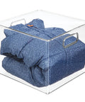 Small Modern Plastic Storage Organizer Bin With Easy Grab Handles For Home Closet Organization See Through Clear Finish Ideal For Shelves Cubbies Cabinets And Cupboards Perfect Shoe Stash Box For Shoes Accessories And Small Essentials with blue fabric inside