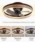 Smart Low Profile Bladeless Ceiling Fan With Lights 19.7 Inch Flush Mount Dimmable Three Color Temperature LED App Or Remote Control Quiet Operation For Bedroom And Living Room Brown Finish