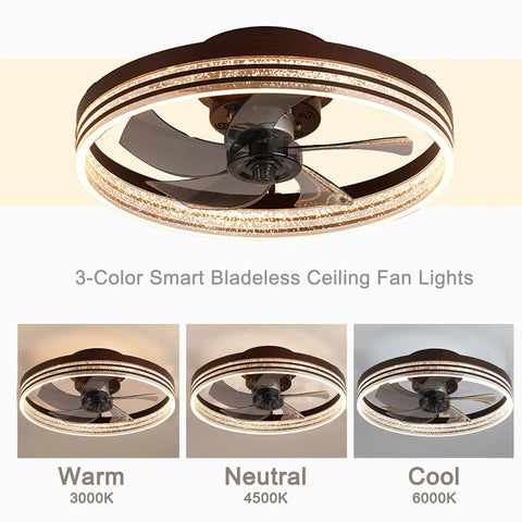 Smart Low Profile Bladeless Ceiling Fan With Lights 19.7 Inch Flush Mount Dimmable Three Color Temperature LED App Or Remote Control Quiet Operation For Bedroom And Living Room Brown Finish