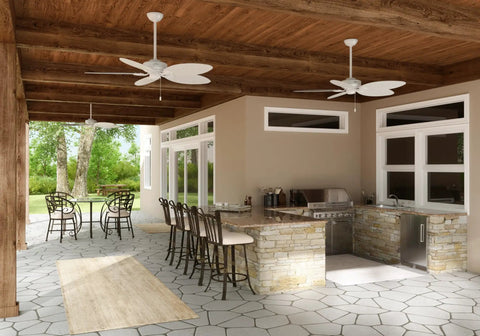 54 Inch Indoor Outdoor Ceiling Fan No Light White With 3 Inch Downrod Included All Weather Damp Rated Five Blade Pull Chain Standard Mount Ideal For Patio Porch Garage And Living Room installed in a rustic outdoor kitchen setting