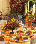 Festive autumn table setting with Lit Green LED Flameless Candles Pack 24 Pieces With Realistic Flicker Battery Powered Tea Lights.