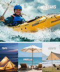 Image showing a person kayaking in rough waters, and various outdoor equipment like a tent, beach umbrella, and canopy in scenic settings.