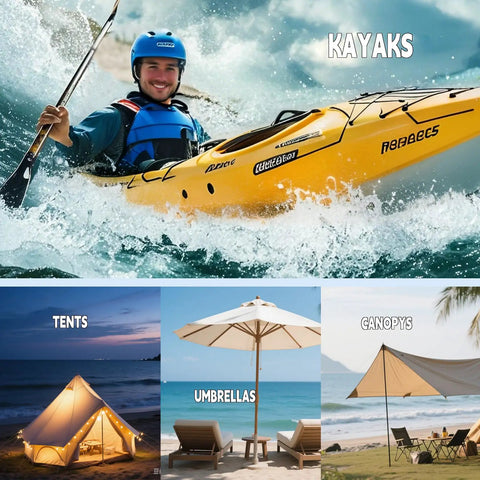 Image showing a person kayaking in rough waters, and various outdoor equipment like a tent, beach umbrella, and canopy in scenic settings.
