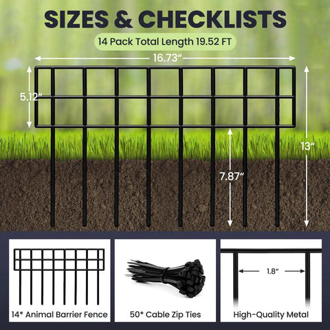 Diagram of No Dig Fence Panels 14 Pack, garden barrier fence, 13 inch high by 16.7 inch long panels, sturdy crossbar design.
