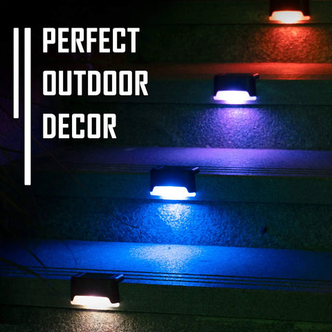 Color Changing Solar Deck Lights 16 Pack Waterproof Outdoor LED Lights illuminating stairs with auto color cycle for backyard vibe.