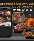 Wireless Bluetooth Meat Thermometer with Dual Ultra-Thin Probes app interface showing meat selection for precise grilling and roasting.