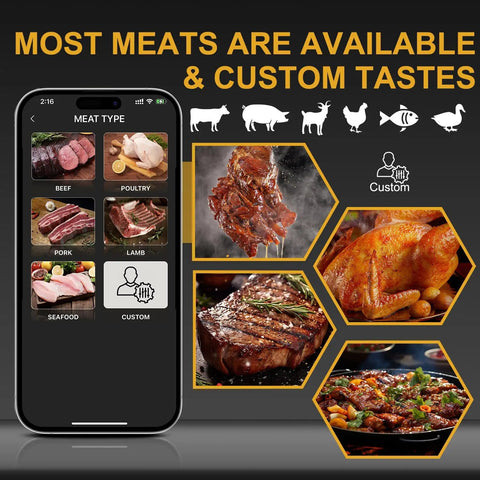 Wireless Bluetooth Meat Thermometer with Dual Ultra-Thin Probes app interface showing meat selection for precise grilling and roasting.