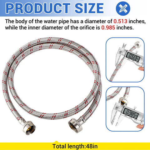 4 Ft Burst Proof Stainless Steel Washing Machine Hoses, 2 Pack Hot And Cold Striped Water Supply Lines With Three Quarter Inch Fittings
