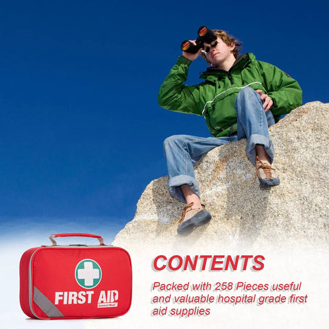 Front view of red General Medi first aid kit case with white cross logo and carrying handle.