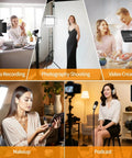 LED Video Light Kit With Phone Holder And Barndoor used in various setups including video, photography, and podcasts.