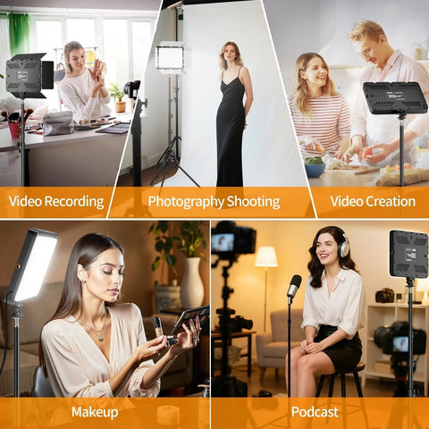 LED Video Light Kit With Phone Holder And Barndoor used in various setups including video, photography, and podcasts.