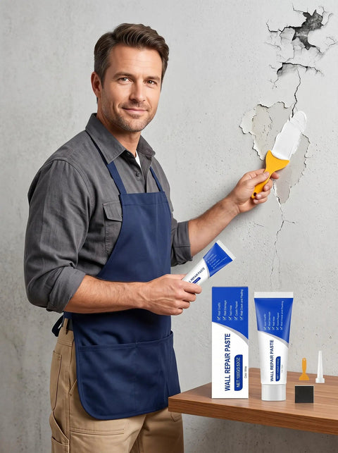 Man applying Fast Drying Drywall Patch Kit With Scraper For Holes And Cracks Waterproof Wall Repair Paste to cracked wall