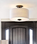 Oil Rubbed Bronze Marc LED Semi Flush Mount Ceiling Light With White Linen Drum Shade 15 Inch Transitional Fixture For Bedroom Hallway Kitchen Dimmable LED Bulbs Included Energy Efficient Lighting