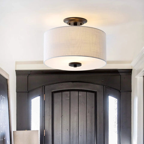 Oil Rubbed Bronze Marc LED Semi Flush Mount Ceiling Light With White Linen Drum Shade 15 Inch Transitional Fixture For Bedroom Hallway Kitchen Dimmable LED Bulbs Included Energy Efficient Lighting