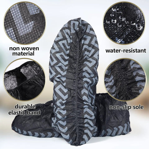 300 Pack Disposable Shoe Covers Non Slip Heavy Duty Black Booties For Indoors And Contractors, showing nonwoven material.