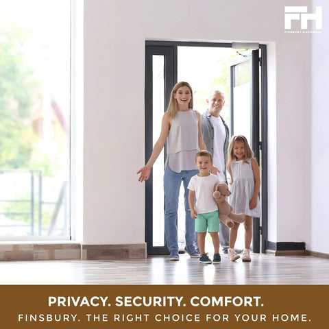 Family entering home through open glass door, showcasing privacy and security, Finsbury branding visible.