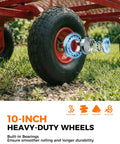 Close-up of 10-inch heavy-duty wheels of a deep red Heavy Duty Steel Garden Cart On Wheels With Removable Mesh Sides That Flip To Flatbed