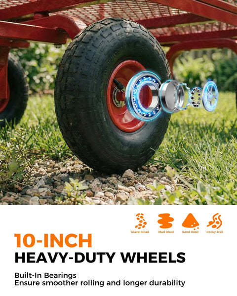Close-up of 10-inch heavy-duty wheels of a deep red Heavy Duty Steel Garden Cart On Wheels With Removable Mesh Sides That Flip To Flatbed