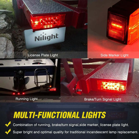 Two Pack Submersible Rectangular LED Stop Tail Turn Signal Side Marker Lights for 12V RVs, showing various light functions.