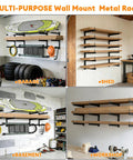 Heavy Duty Lumber Storage Rack Wall Mount With Steel Shelves And Wall Organizer For Garage Shed Workshop Indoor Outdoor Use Supports Up To 690 Lbs Total Load shown in various settings including garage and workshop with visible mounted racks holding equipment and materials.