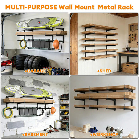 Heavy Duty Lumber Storage Rack Wall Mount With Steel Shelves And Wall Organizer For Garage Shed Workshop Indoor Outdoor Use Supports Up To 690 Lbs Total Load shown in various settings including garage and workshop with visible mounted racks holding equipment and materials.